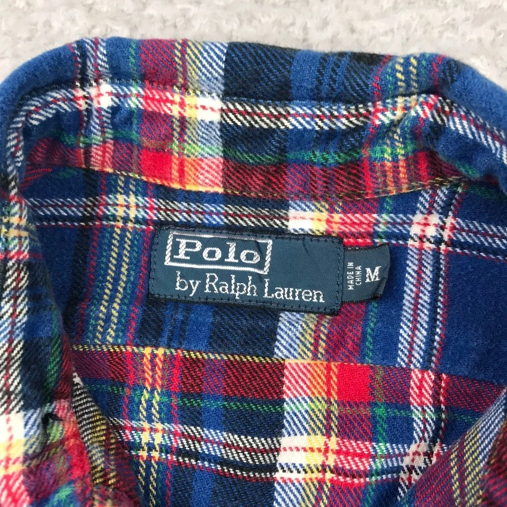 Polo Ralph Lauren Shirt Mens M Blue Plaid Flannel Button Up Pocket Long Sleeve